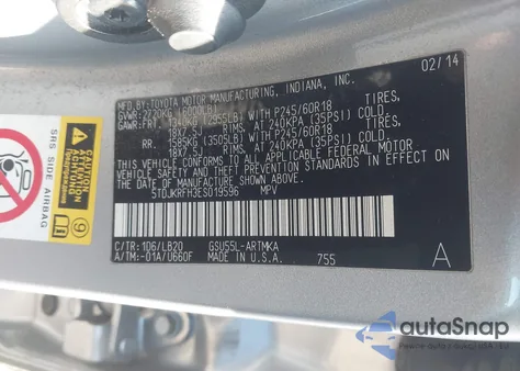 2014 Toyota Highlander Xle V6 из США, поврежденный, VIN 5TDJKRFH3ES019596